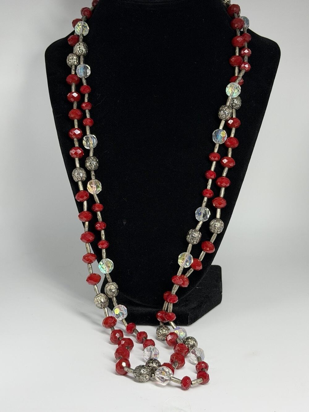 Vintage Crystal Glass Necklace Faceted Beads Red & AB Crystal Faceted 60" Long